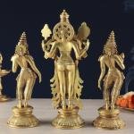 Brass Lord Vishnu with Bhudevi & Sridevi | 13" x 5.8" x 3.9" (33 x 14.7 x 9.9 cm) | 6.9 kg Sacred Art | Divine Trinity Murti